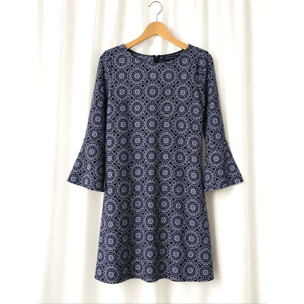 Tommy Hilfiger Navy Blue White Medallion Print Bell Sleeve Jersey Stretch Dress